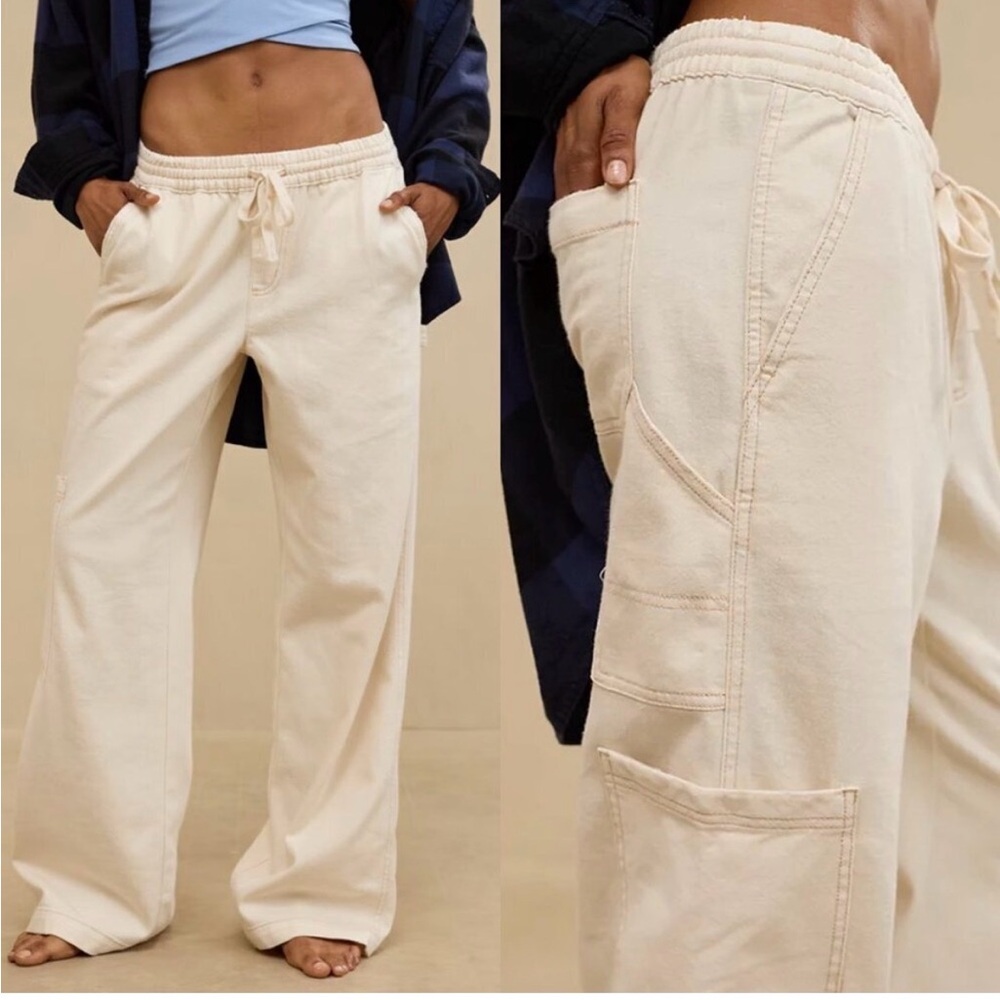 Aerie Relaxed Cream Wide-Leg Cargo-pants NWT